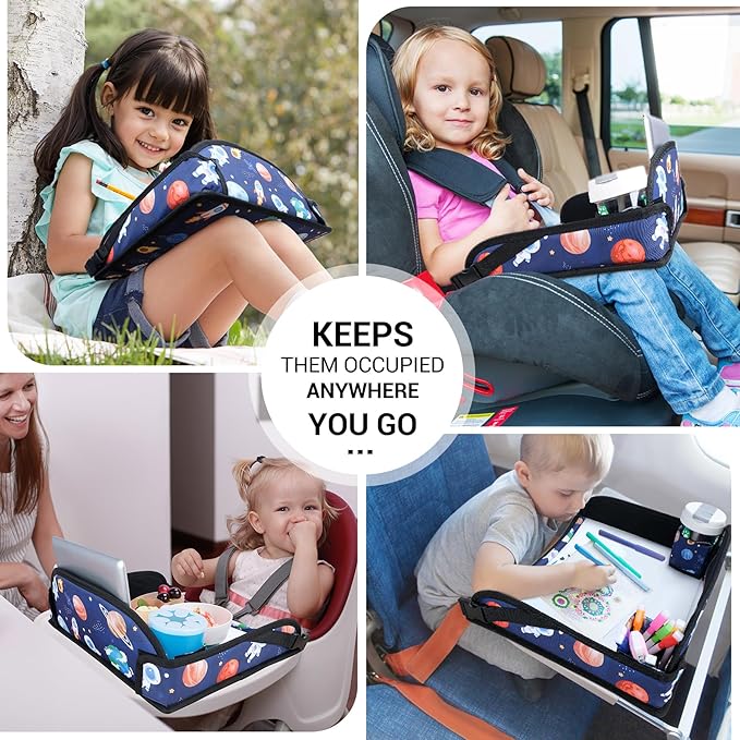 COOLBEBE Kids Travel Tray for Toddler Car Seat, Travel Tray for Airplane, Toddler Car Seat Lap Tray, Carseat Table Tray for Kids Travel Activities (Blue Space)