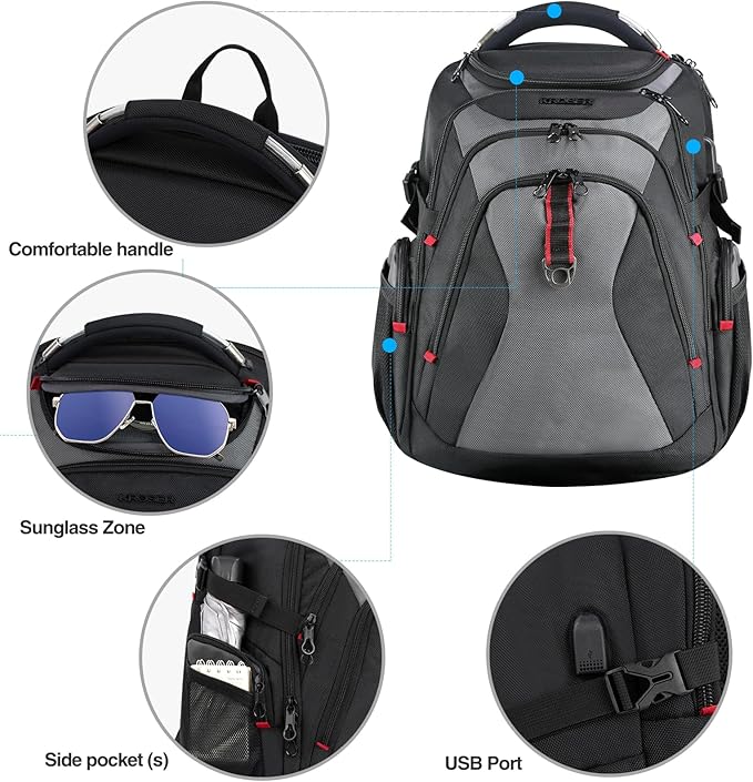 KROSER Travel Laptop Backpack 17.3 Inch XL Computer Backpack with Hard Shell Saferoom RFID Pockets Water-Repellent Business College Daypack Stylish Bag for Men/Women-Black Grey