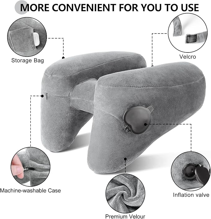 Sunany Neck Pillow for Travel Inflatable Airplane Pillow Comfortably Supports Head,Neck and Chin,Inflatable Travel Pillow with Soft Velour Cover,Hat,Portable Drawstring Bag (Grey)