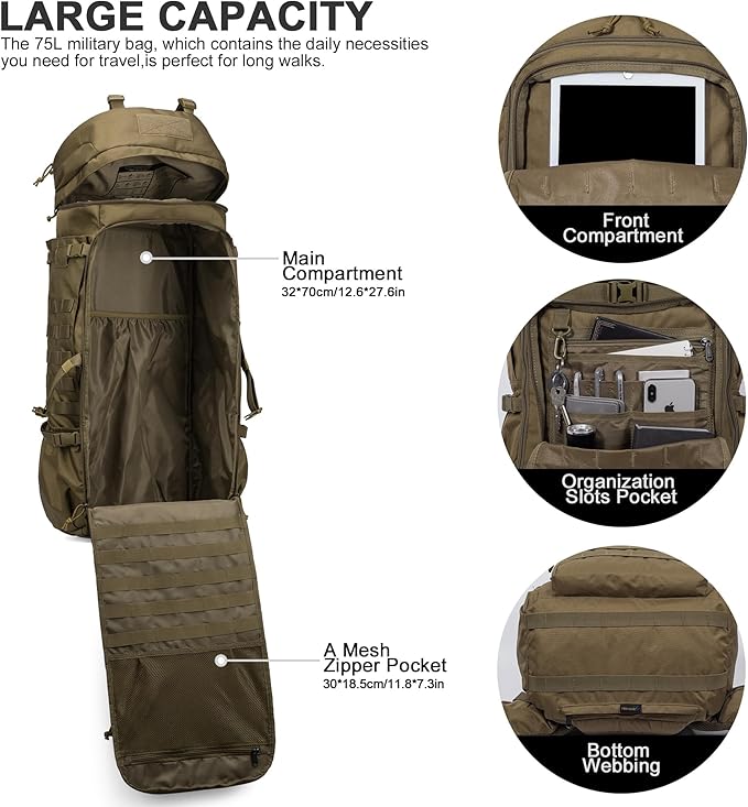 Mardingtop 75L Molle Hiking Internal Frame Backpacks with Rain Cover for Camping,Backpacking,Travelling