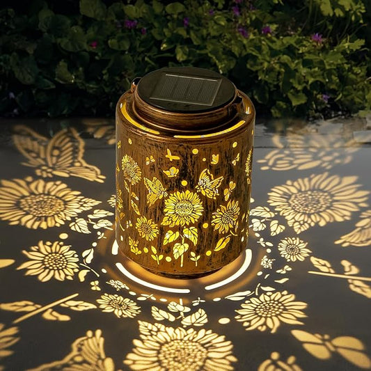 Hanging Solar Lanterns for Outside Sunflower and Butterfly Decorative Lights Warm Glow with Metal Finish Garden Lanterns Waterproof Gifts for Women Patio Décor