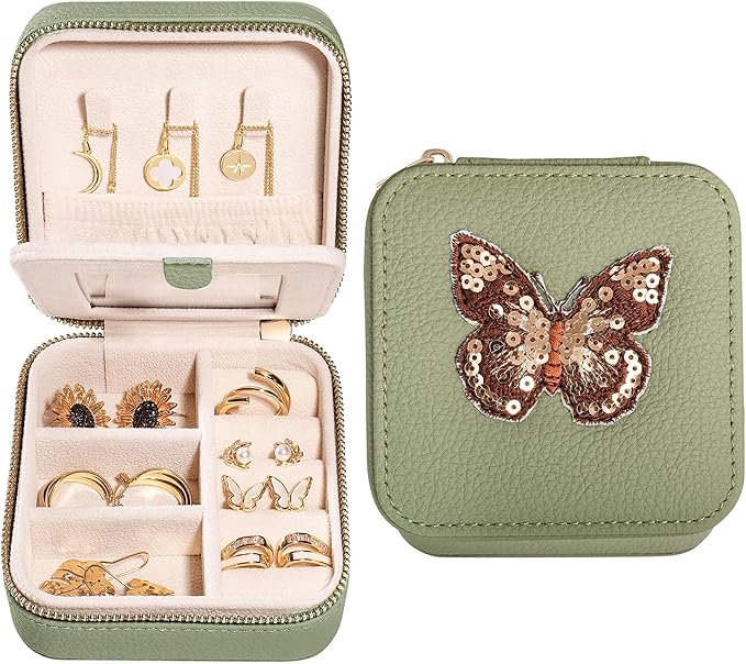 S.Leaf Travel Jewelry Organizer Travel Jewelry Boxes for Women Small Jewelry Travel Case Box Portable Travel Jewelry Case Travel Case Mini Jewelry (03_Lychee_Butterfly_Brown)