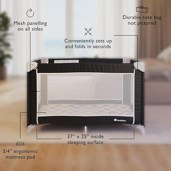 Foundations Sleep 'N Store Baby Pack and Play Yard - Portable Playpen for Toddlers, Foldable Travel Playpen with Storage Bag & Foam Mattress, Durable Design for Hotels & Daycares - Graphite