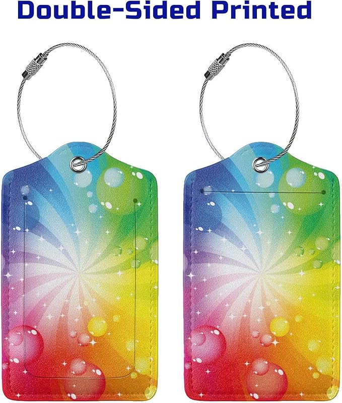 Pretty Colorful Rainbow Luggage Tags for Suitcases Women Girls Kids Adults, 2 Pack Leather Tags for Baggage Travel Backpack Bag, Identifiers Labels with Privacy Cover Name ID Card Stainless Steel Loop