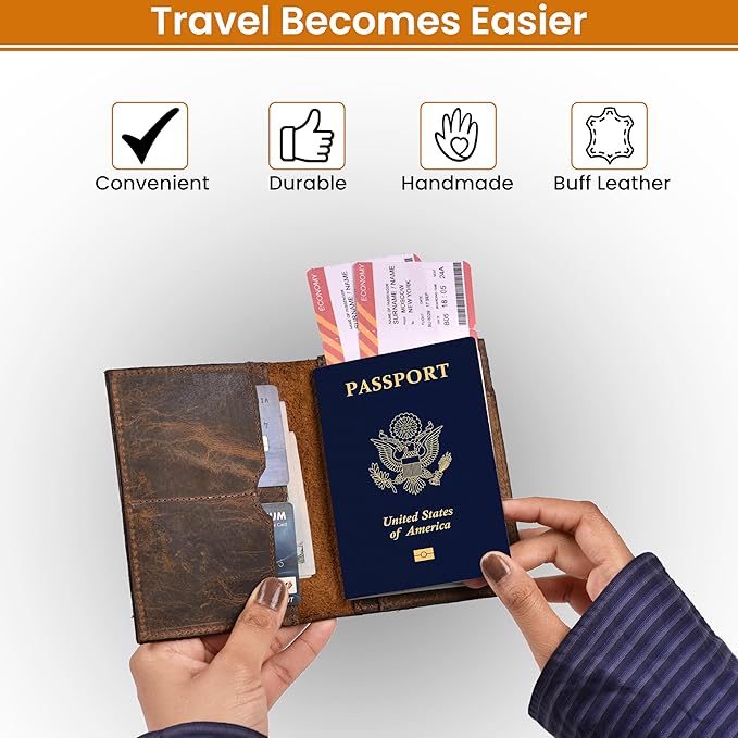 LEATHER VILLAGE Leather Passport Holder Cover – Travel Wallet with Card Slots, Vintage Passport Case for Men & Women – Cute Organizer for Travel Accessories & Documents - Distressed Brown