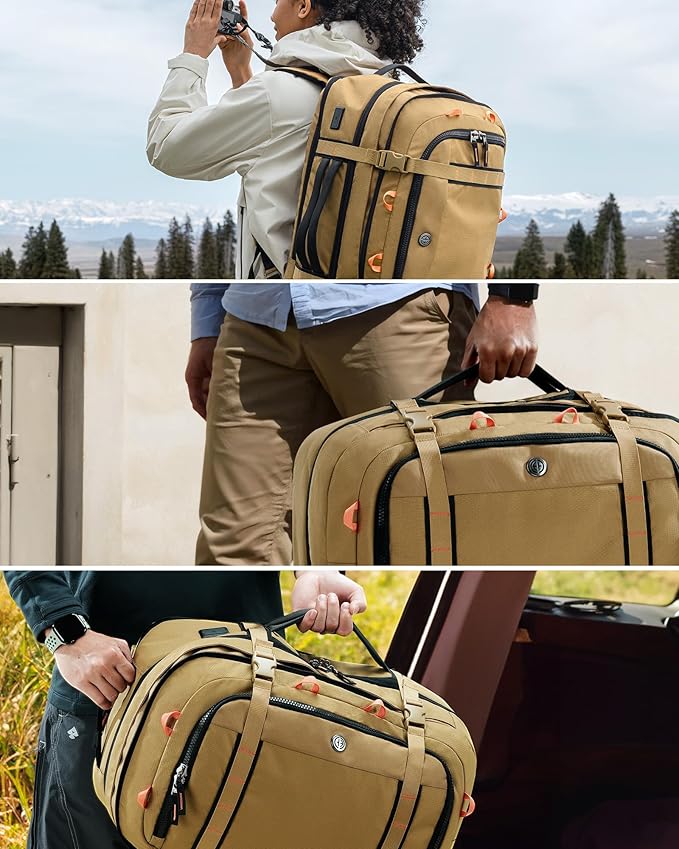 Tolaccea Travel Laptop Backpack, TSA Flight Approved Carry On Travel Duffel Backpack, Dual Laptop Storage for 17.3" and 15.6" Laptop, Large Luggage Backpack 40-45L Expandable for Men Women (Khaki)