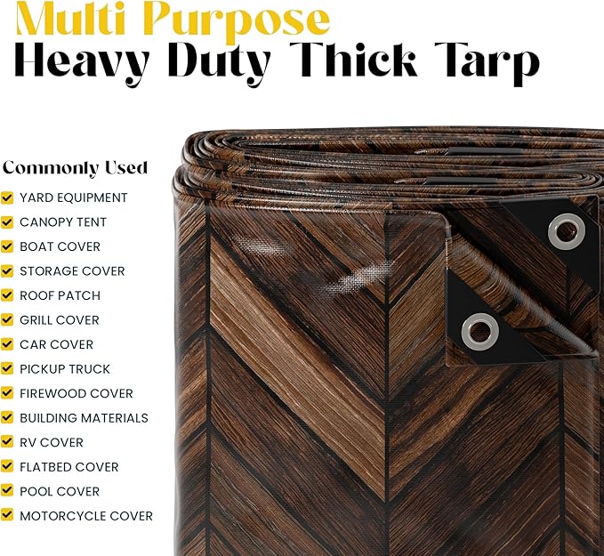 Core Tarps Extreme Heavy Duty 20 Mil Tarp Cover, Waterproof, UV Resistant, Rip and Tear Proof, Poly Tarpaulin with Reinforced Edges for Roof, Camping, Patio, Pool, Boat (Brown Wood/Black 24′ X 24′)