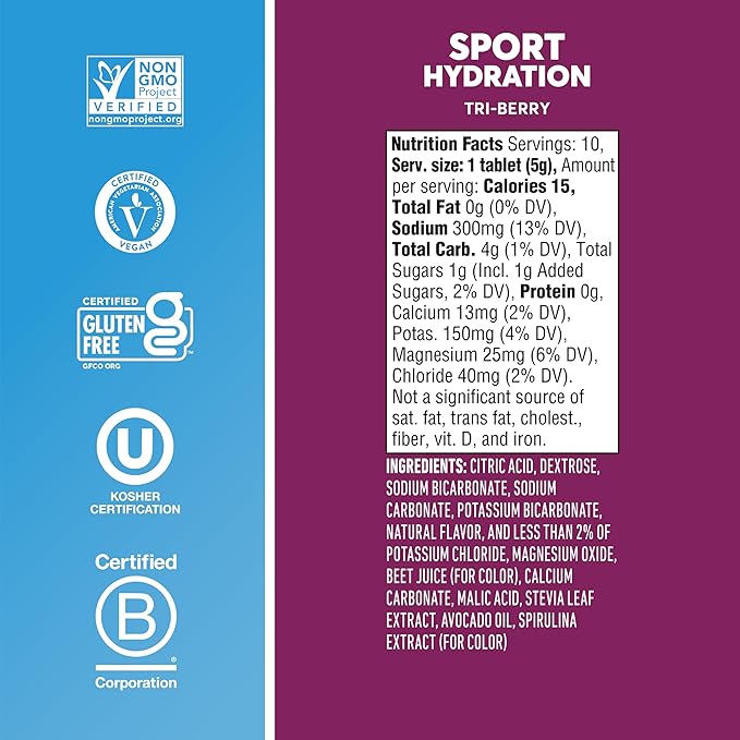 Nuun Sport Electrolyte Tablets with Magnesium, Calcium, Potassium, Chloride & Sodium, Gluten Free & Vegan, Tri-Berry, 4 Pack (40 Servings Total)
