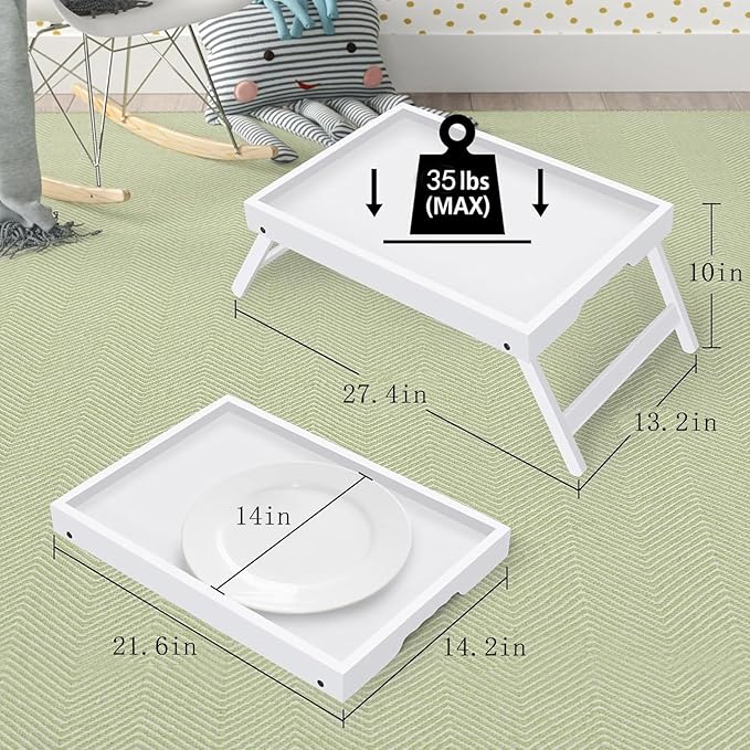Artmeer Bed Tray Table with Folding Legs,Bamboo Breakfast in Bed for TV Table, Laptop Computer Tray,Eating,Snack Tray (White) Extra-Large Size
