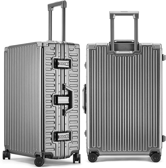 ROAMING Zipperless Luggage 28 Inch with Aluminum Frame, Checked-Large Lightweight 3-Layer PC Hard Shell Suitcase with Spinner Wheels, Metal Travel Luggage with Three TSA Locks, gray