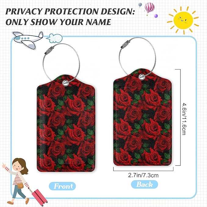 3 Pack Luggage Tag for Suitcase,Red Rose Floral and Leaves Leather Luggage Tags with Privacy Cover Name ID Label Identifiers Travel Bag Tags for Women Men Boys Girls