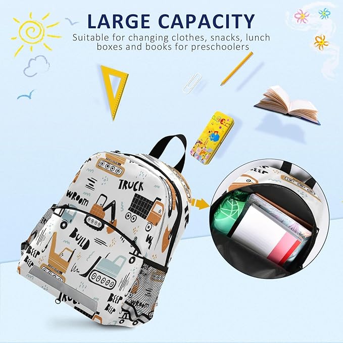 Transport Truck Excavator Toddler Backpack Boys Girls Kids Preschool Bookbag School Children Bag with Leash Travel Casual Daypack Kindergarten Elementary Schoolbag for Nursery Junior Primary Students