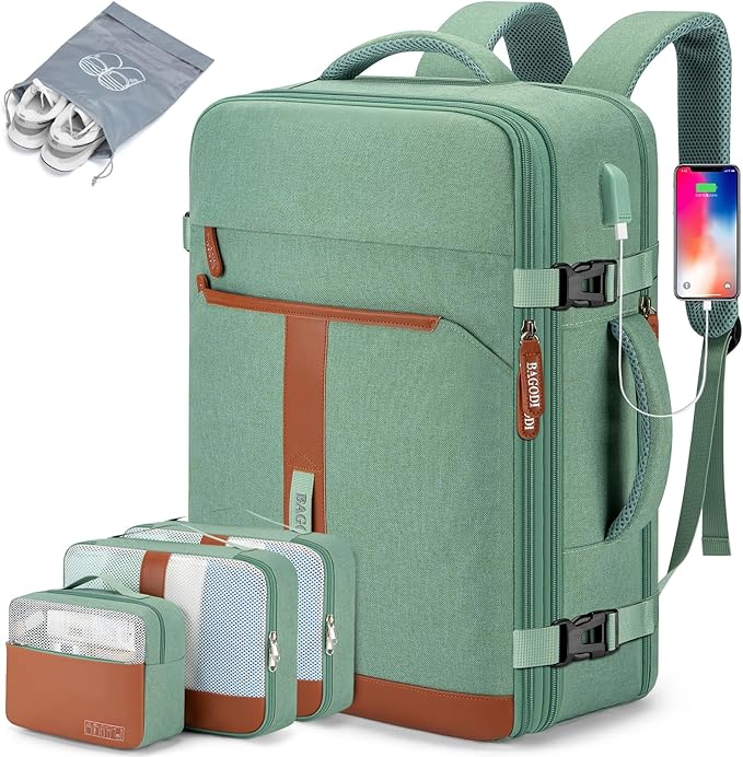 42L Travel Laptop Backpack, Expandable Carry-on Luggage, Anti-Theft Business Weekender Bag with USB Port, 3 Packing Cubes & Shoe Bag (Green)