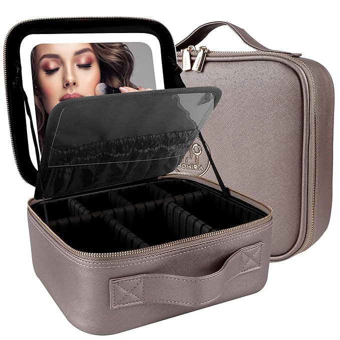 MOMIRA Travel Makeup Bag Cosmetic Bag Makeup Organizer Bag with Lighted Mirror, Adjustable Brightness in 3 Color Scenarios, Waterproof Makeup Train Case, Gift for Women - Pearl Light Gray