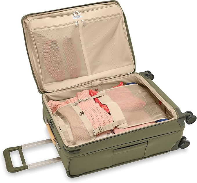 Briggs & Riley 26" Medium Expandable Spinner - Checked Luggage for Travel, Suitcases with Wheels, Softside Rolling Bag for Men & Women, Self-Repairing Zipper - Baseline Collection, Olive