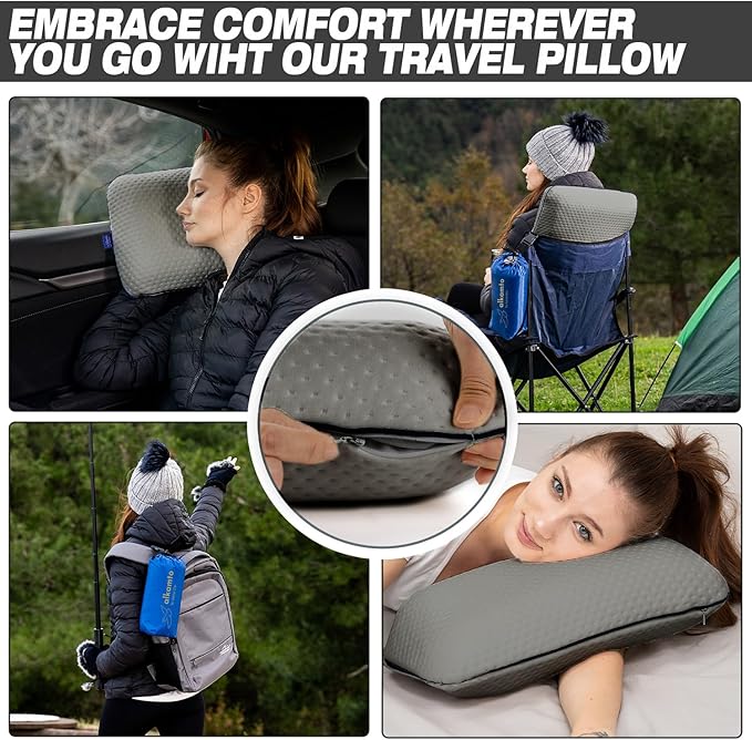 Travel & Camping Comfortable Memory Foam Pillow – Easy to Carry Portable Bag – Temperature Regulating Pillow Case (Grey)