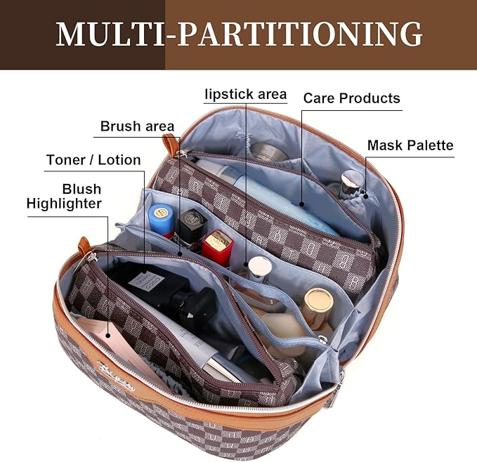 BOYATU Travel Makeup Bag Cosmetic Bags for Women: 3 Pcs Set Portable Make up Bag with Handle - Vegan Leather Toiletry Bags with Compartments - Makeup Organizer for Travel Essentials(02-Brown)