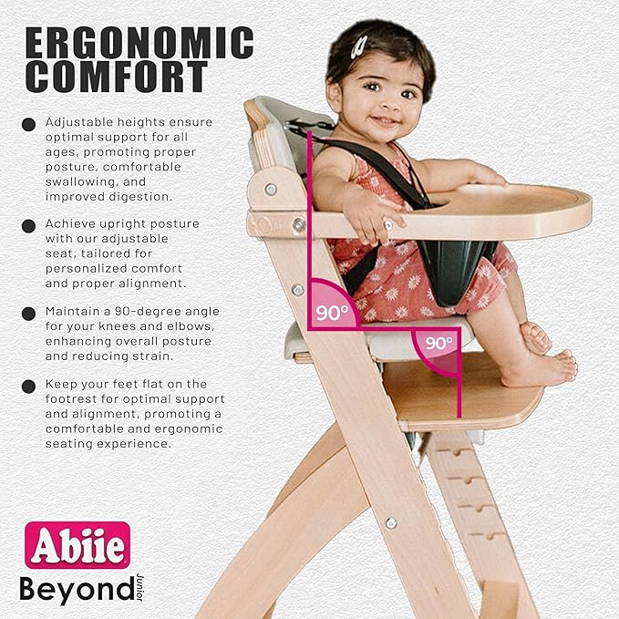 Abiie Beyond Junior Wooden High Chair with Tray - Adjustable and Convertible High Chair for Babies and Toddlers - 6 Months to 250 Lb - Water Resistant - Natural Wood/Black Pearl Cushion