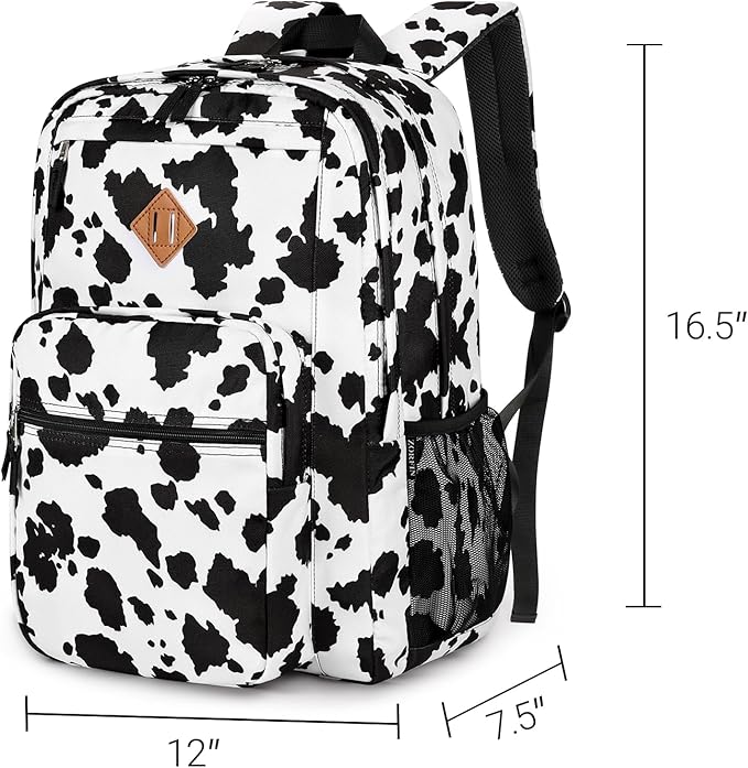 ZORFIN 26L Backpack for College, and Travel: Water Resistant Bookbag - Cow Print Black