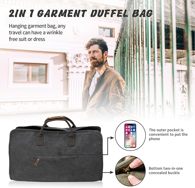 2 in 1 Canvas Leather Suit Luggage Garment Bag with Shoulder Strap for Travel and Business Trips (Black)