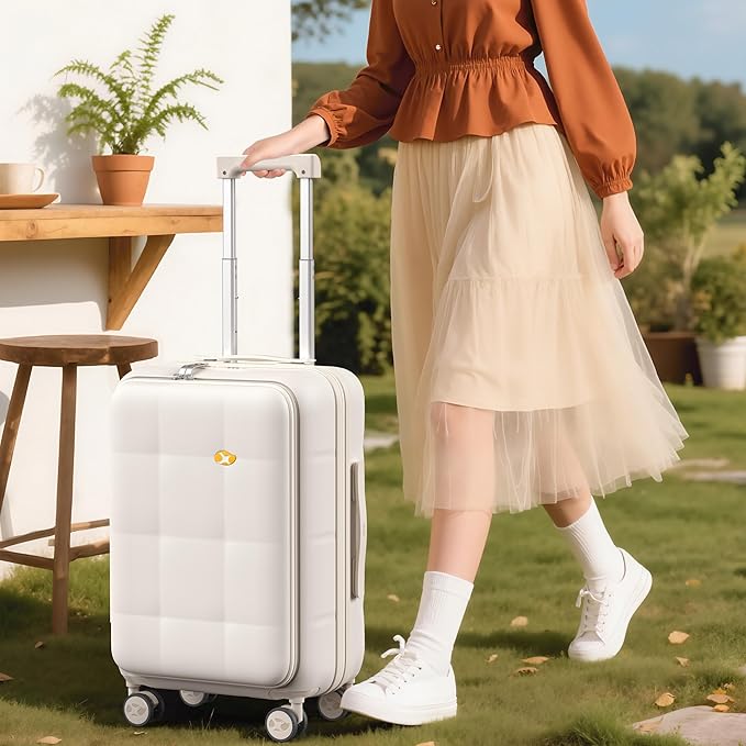 MGB 20 Inch Expandable Carry On Luggage with Wheels PC Hard Shell Suitcase Top Opening Travel Luggage Suitcases for Woman Men Gifts (Cream)