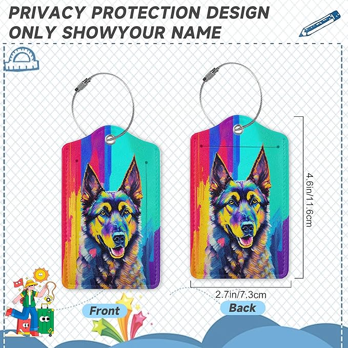2 Pack Luggage Tag for Suitcase,Art German Shepherd Dog Leather Bag Tags Identifiers Privacy Cover ID Label with Durable Steel Loop for Women Men Kids Girls Travel