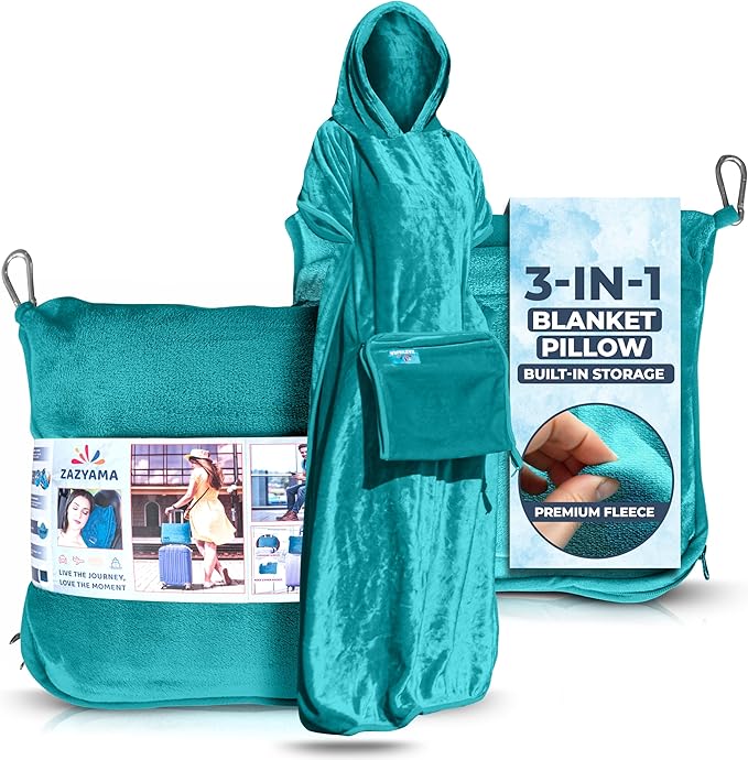 3-in-1 Travel Blanket Airplane – Compact with Bag & Pillow Combo Set, Ultra-Soft Fleece | Packable Blanket Compact | Hidden Pocket | Trolley Sleeve | Carabiner | Travel Essentials (Aqua Teal)