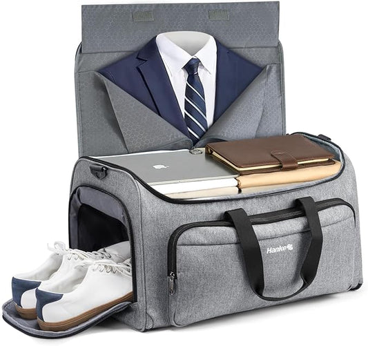 Hanke Carry on Garment Bags for Travel,Convertible Duffle Bag Luggage Bag Weekend Bag with Shoe Compartment,2 in 1 Hanging Suitcase Suit Bag for Men Women,Light Grey