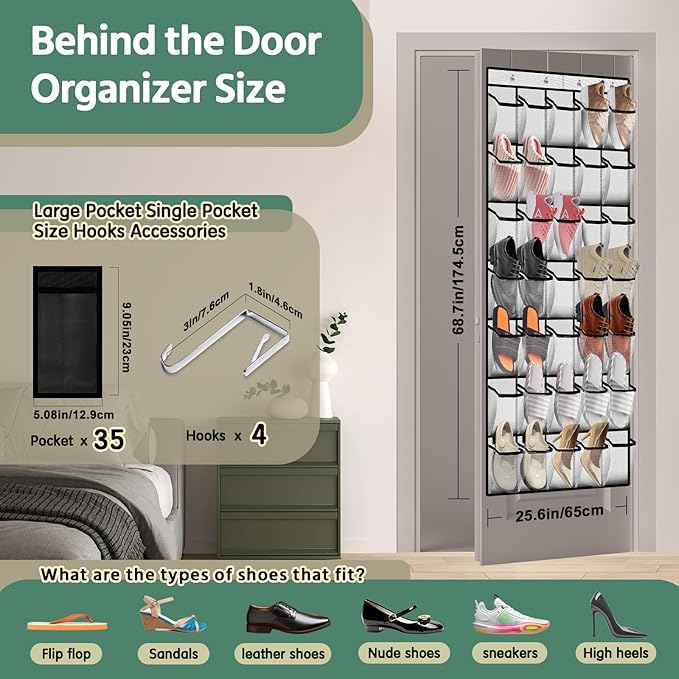 35 Pocket Over the Door Shoe Organizer,Reusable Breathable Large Mesh Bag Men's & Women's Sneaker Organizer,Shoe Organizer for Kids,Hanging Shoe Storage Hanging Bag (White)