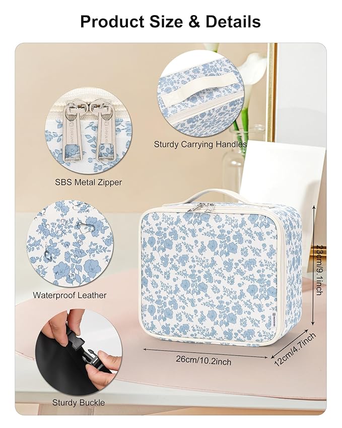 Relavel Travel Makeup Bag with LED Mirror, Portable Cosmetic Train Case with 3 Color Lighted Brightness Mirror, Makeup Artist Organizer Storage with Adjustable Dividers Make Up Box - Blue Flower