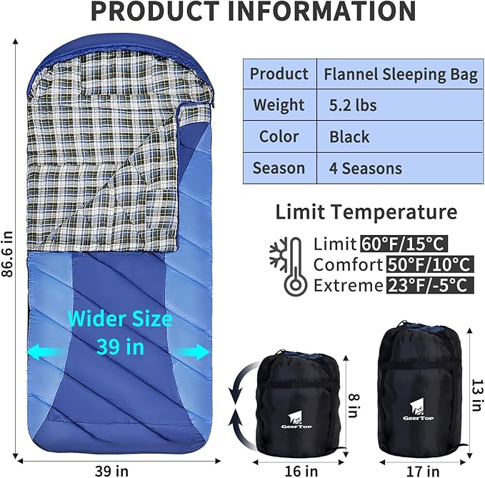 GEERTOP Flannel Sleeping Bag for Adults XXL 4 Season, 0 Degree Sleeping Bag for Winter Cold Weather