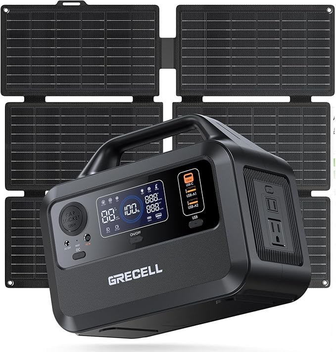GRECELL Solar Generator with 40W Solar Panel Included,230Wh Portable Power Station 1.5hrs Fast Charging, (600W Surge) AC Outlets, LiFePO4 Battery Backup for Outdoor Camping, Trip, Power Outage