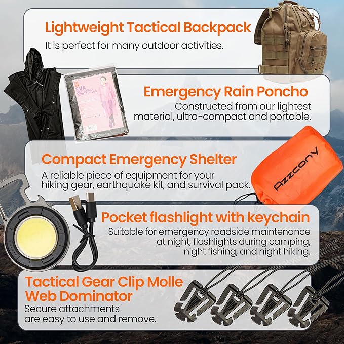 Emergency Survival Kit with First Aid Gears and Supplies - EDC Go Bugout Bag - Get Home Backpack for Camping Outdoor - Tactical Military Molle Pouch Grade - Gift for Man Woman