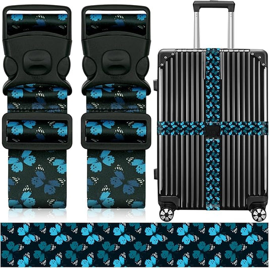 2 Pack Luggage Straps for Suitcases, Adjustable Travel Belt with Double Lock and Quick Release Buckle, Heavy Duty Nylon Bag Packing Strap, Unique Identifiers Travel Accessories-Blue Butterfly