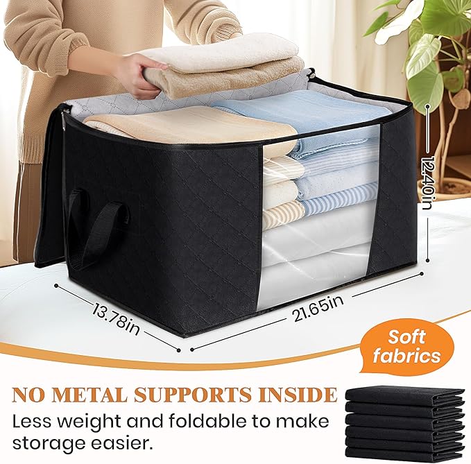 Fab totes 6 Pack Clothes Storage, Foldable Thick Fabric Blanket Storage Bags, Containers for Organizing Bedroom, Closet, Clothing, Comforter,Closet Organization with Handle,Black