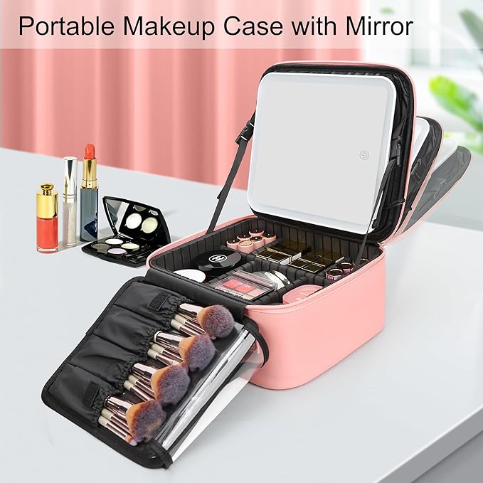 Relavel Travel Makeup Bag With LED Mirror Portable Travel Makeup Organizer 3 Color Adjustable Brightness Waterproof Cosmetic Train Case with Removable Dividers Makeup Storage for Women, Pink