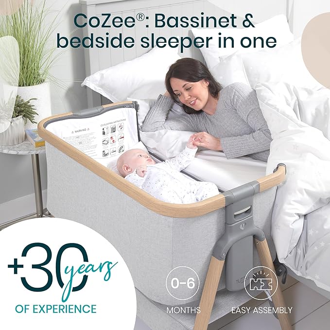 CoZee® 2-in-1 Baby Bassinet & Bedside Sleeper - Fast-Folding Bedside Bassinet, Baby Crib with 6 Mattress Heights & Breathable Mesh Window, Mattress Included, 0-6 Months (Silver & Oak)