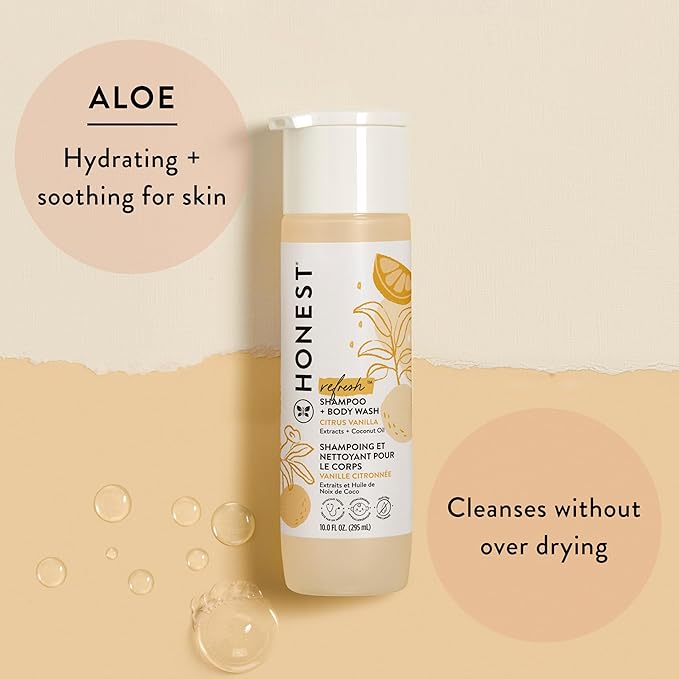 The Honest Company 2-in-1 Cleansing Shampoo + Body Wash | Gentle for Baby | Naturally Derived, Tear-free, Hypoallergenic | Citrus Vanilla Refresh, 18 fl oz
