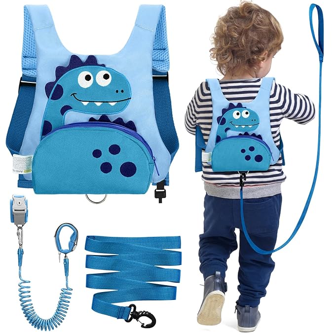 Dr.meter 3 in 1 Toddler Harness Leash + 8.2ft Anti Lost Wrist Link, Cute Dinosaur Kids Safety Harness with Key Lock, Child Walking Harness Assistant Strap for Outdoor Activity Travel
