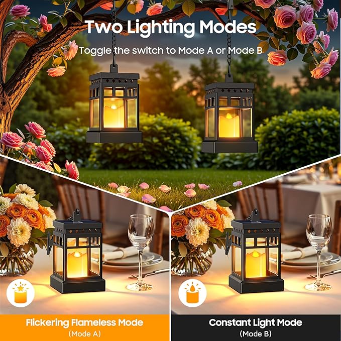 KOOPER Solar Lanterns Outdoor Waterproof, 2 Modes Hanging Solar Lantern with LED Realistic Flickering Flameless Candle, Candles Lanterns Lights Decorative for Outside Hanging Patio Yard Table Tree