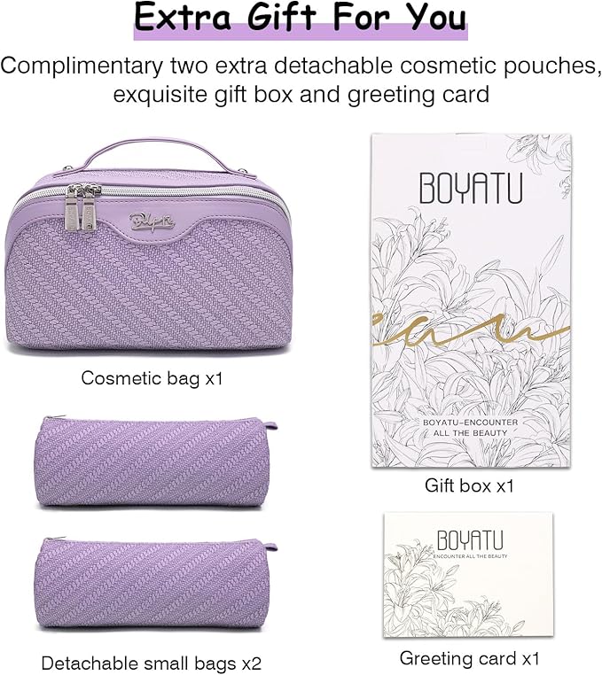 BOYATU Travel Makeup Bags for Women: Large Cosmetic Bag Waterproof - Vegan Leather Make up Bag Set of 3 - Compact Toiletry Organizer with Compartments & Handle & Divider (Z-Purple)