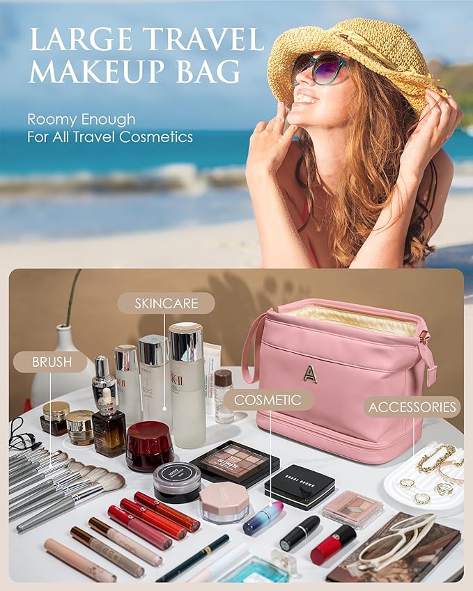 Initial Makeup Bag, Personalized Large Capacity Cosmetic Bag with Makeup Brush Organizer, Waterproof, PU Leather Pink Makeup Pouch Travel Skincare Bag, with 1 Drawstring Toiletry Organizers