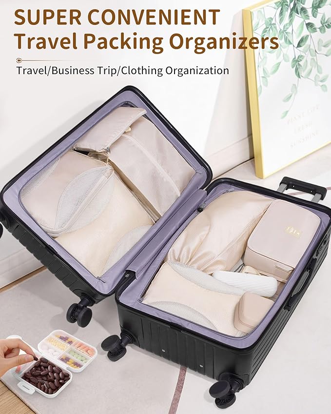 Compression Packing Cubes 12 Set, Suitcase Organizers, Extendable Packing Cubes, Luggage Organizer Bags, Travel Essentials, Beige