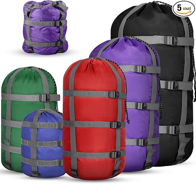 5 Pack Compression Stuff Sack 5 Assorted Size Sleeping Bag Stuff Sack Ultralight Sleeping Bag Cover Space Saving Gear for Travel Outdoor Camping Hiking Backpacking