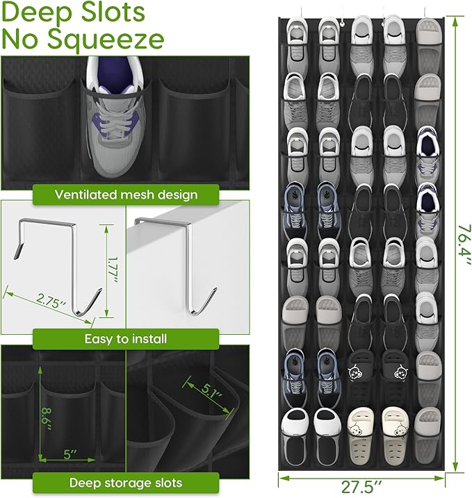 Unjumbly Over the Door Shoe Organizer with 40 Large Breathable Mesh Pockets, Space Saving Shoe Holder, Hanging Shoe Rack for Entryway Bedroom Closet Storage (Black, 40 Pockets)