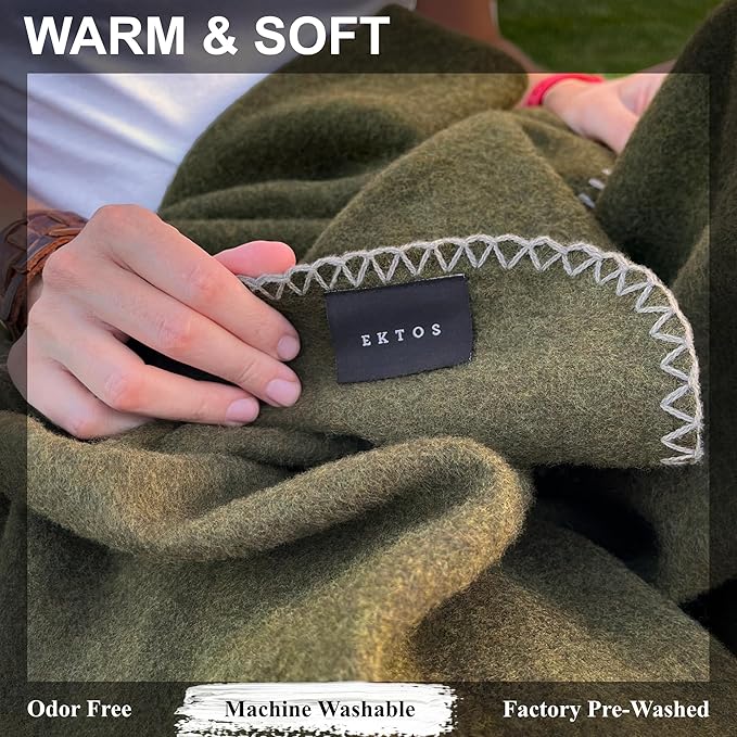 EKTOS 100% Virgin Wool Blankets, 90" x 78", Survival Kits, Camp Equipment, Car Camping (Olive Green, Full Size)