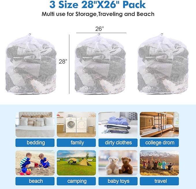 3Pcs Mesh Laundry Bags Washing Machine Mesh Wash Bags Jumbo for Delicates Clothes,Bed Linen,Toys with Drawstring Closure Sturdy(3 XXLarge 28 x 26 Inches)