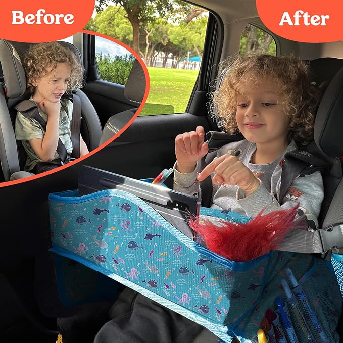 PILLANI Kids Travel Tray for Car - Car Seat Tray for Kids Travel, Road Trip Essentials Must Haves - Carseat Table Roadtrip Activities - Toddler Lap Desk Organizer for Airplane - Kids Travel Essentials
