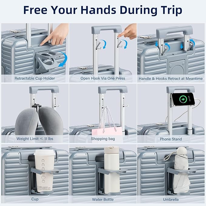 Hard Shell Suitcases 24 Inch Check in Luggage with Spinner Wheels, Expandable Travel Luggage with Cup Holder Charger Built in, Checked Medium Suitcase Lightweight Suitcases, Silver