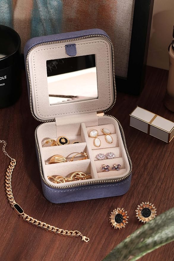 S.Leaf Mini Travel Jewelry Case - Portable Organizer Box for Women (Suede Touch, Dust Lavender)